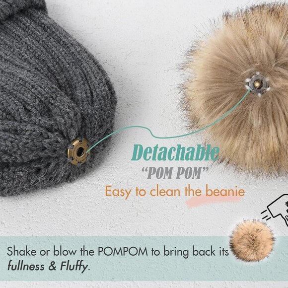 Women\'s Dark Grey Winter Beanie Hat Satin Lined Faux Fur Pom Pom Beanies Hat main image 4